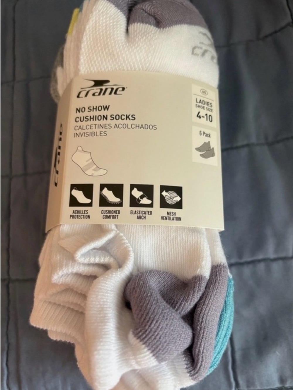 Women's No Show Cushion Socks - White with Gray & Teal Accents (6 Pack)